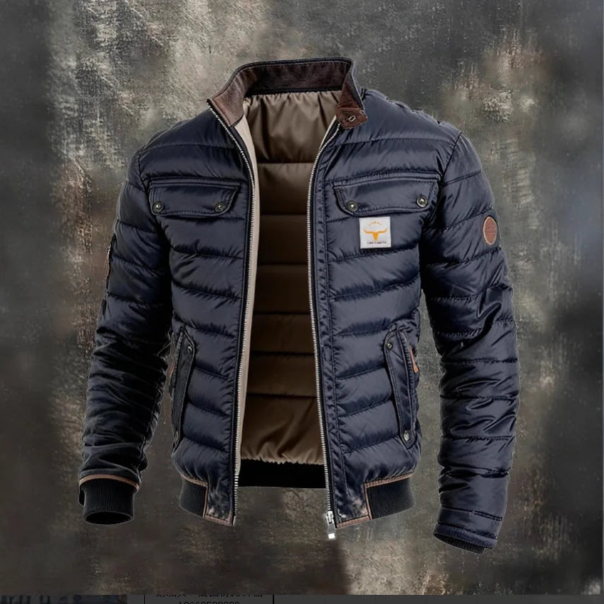 Men's Vintage Leather Quilted Patchwork Thermal Zip Outdoor Jacket