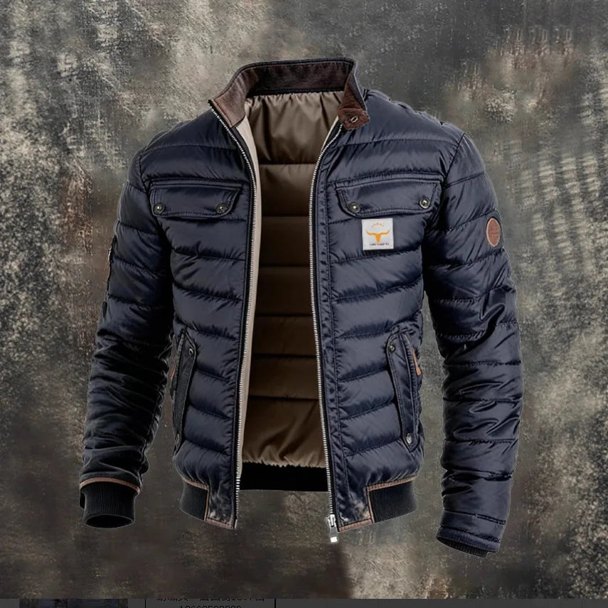 Men's Vintage Leather Quilted Patchwork Thermal Zip Outdoor Jacket
