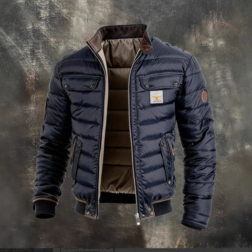 Men's Vintage Leather Quilted Patchwork Thermal Zip Outdoor Jacket