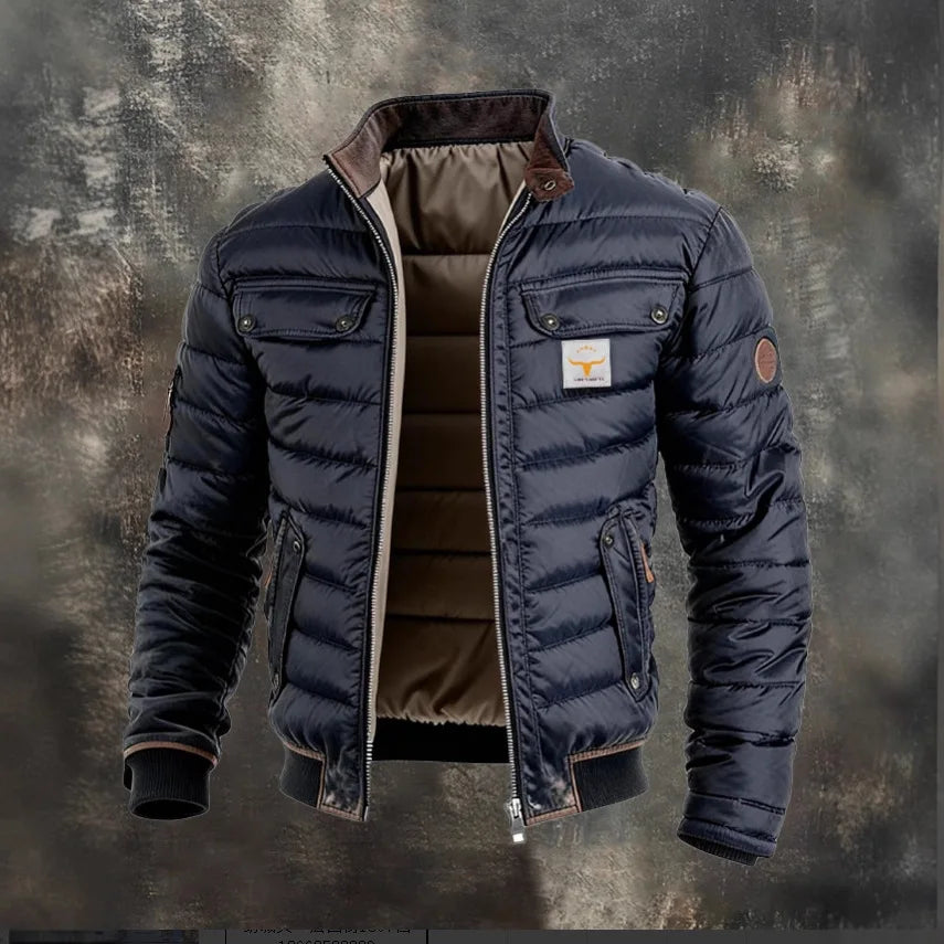Men's Vintage Leather Quilted Patchwork Thermal Zip Outdoor Jacket