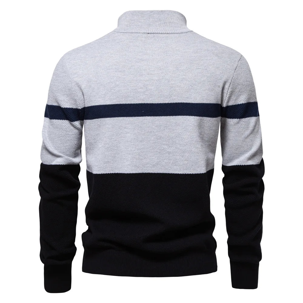 Men Pullovers Striped Sweaters Stand Collar Half Zipper Thick Tops Long Sleeve Splice Slim Fit Knit Casual Regular Autumn Winter
