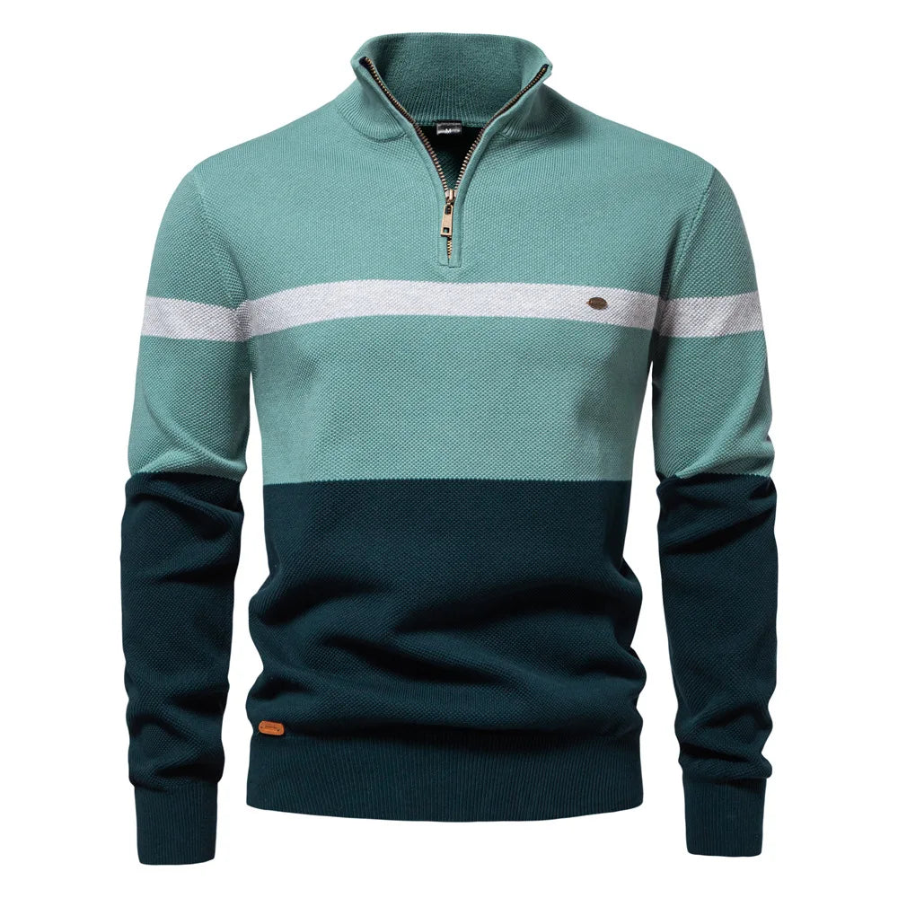 Men Pullovers Striped Sweaters Stand Collar Half Zipper Thick Tops Long Sleeve Splice Slim Fit Knit Casual Regular Autumn Winter